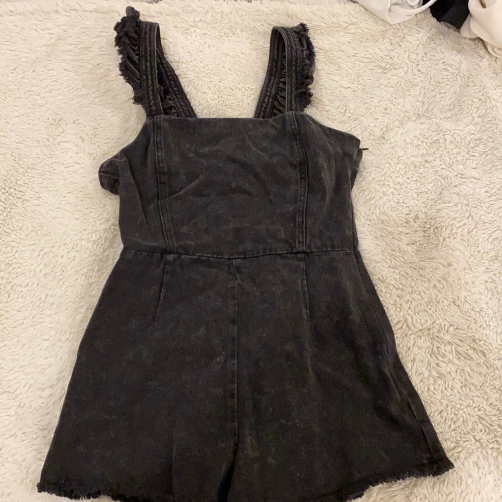Black distressed denim romper